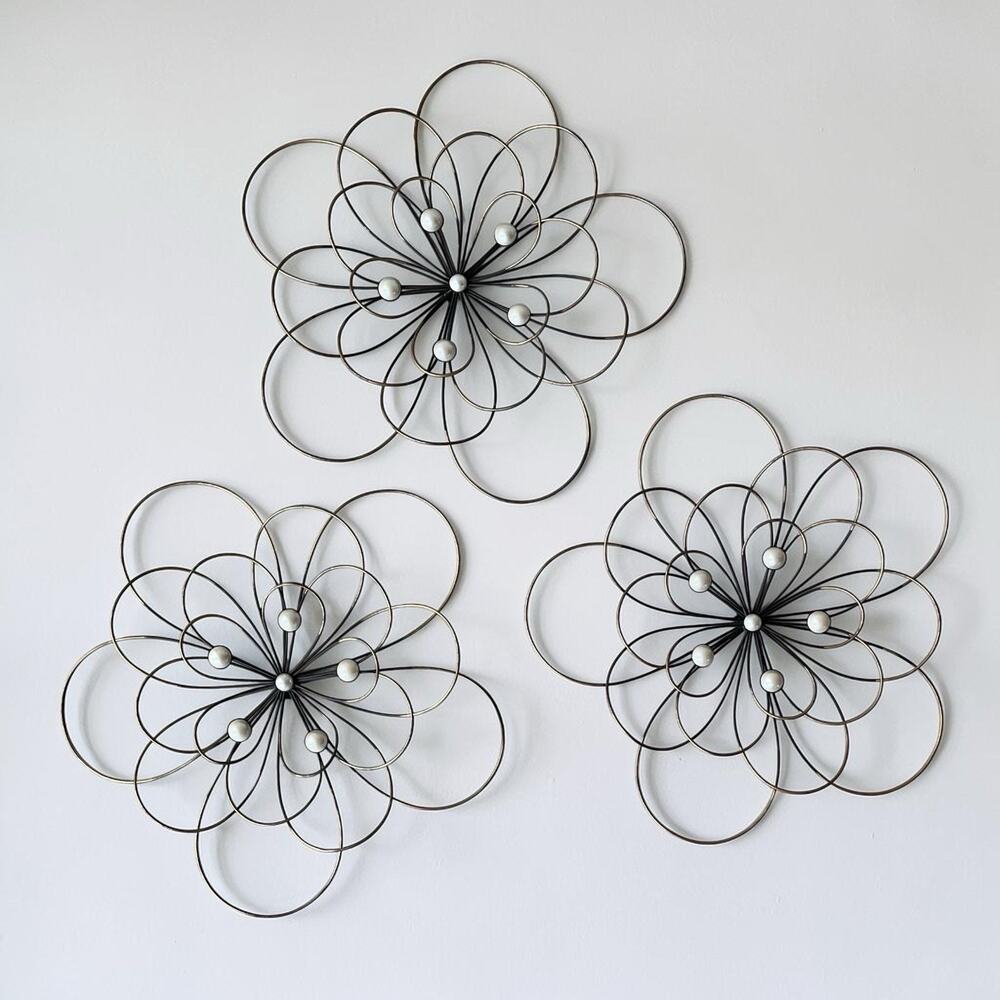 Contemporary MCM-Style 3 Gold Black w/Faux Pearl Wire Flower Wall Hangings 19”